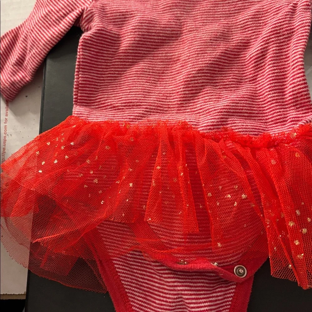 Modern baby Red Striped Baby One piece with Tulle Skirt 6-9 months